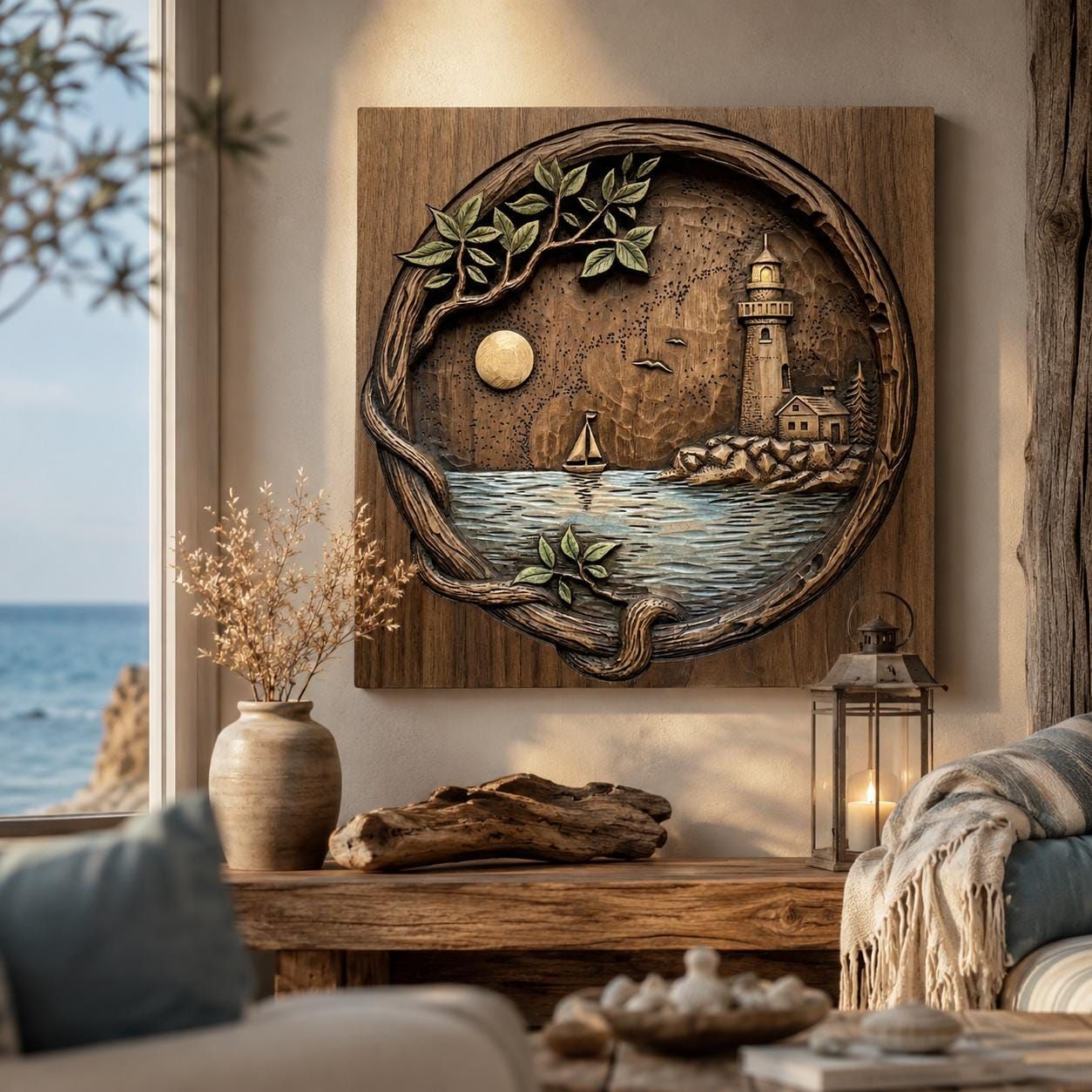 Lighthouse Cove Bas-Relief STL with Sailboat and Moonlit Sea bas-relief STL — view 5