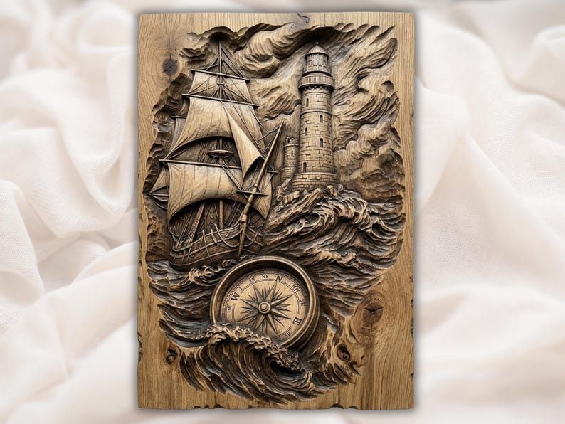 Carved wood relief of a lighthouse, tall sailing ship, crashing ocean waves, and a compass rose