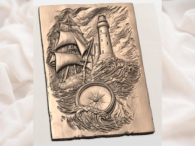 Lighthouse, Tall Ship and Compass Rose Nautical Relief STL bas-relief STL — view 2