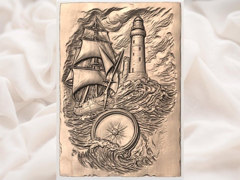 Lighthouse, Tall Ship and Compass Rose Nautical Relief STL bas-relief STL — view 3