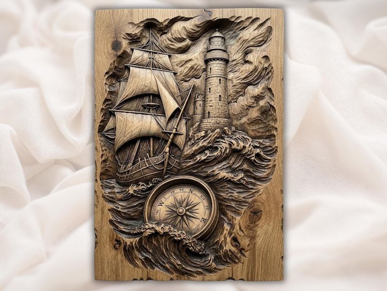 Lighthouse, Tall Ship and Compass Rose Nautical Relief STL bas-relief STL design
