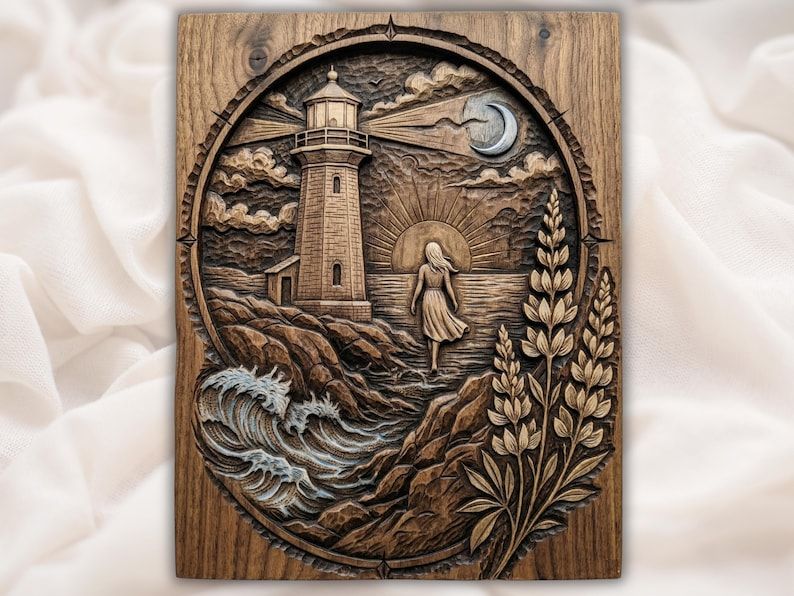 Carved wood relief of a lighthouse, crashing waves, crescent moon, and a woman walking toward a rising sun.