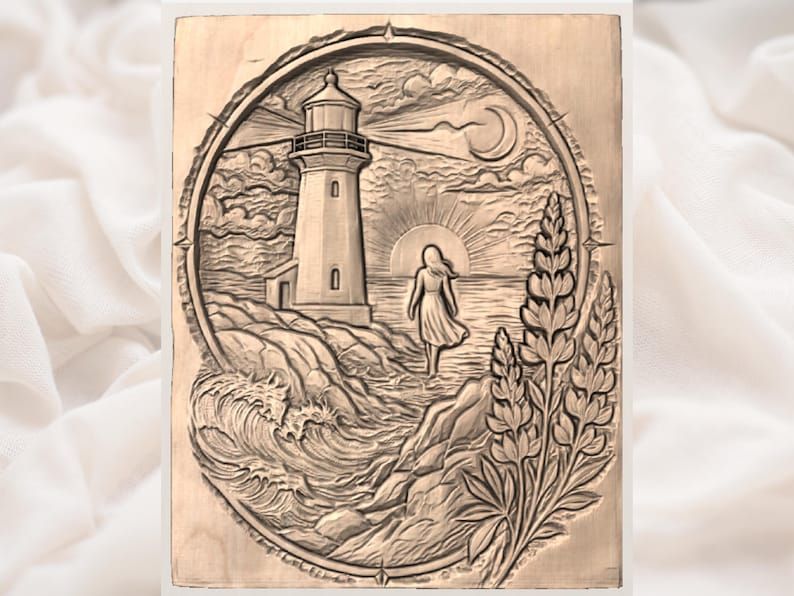 Lighthouse Coast at Dusk Bas-Relief, Woman Walking Toward the Sun bas-relief STL — view 2