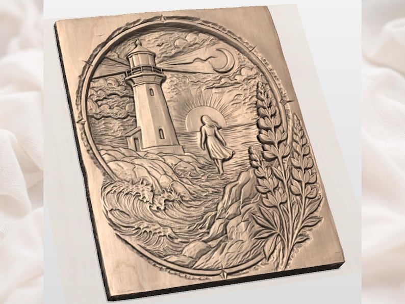 Lighthouse Coast at Dusk Bas-Relief, Woman Walking Toward the Sun bas-relief STL — view 3