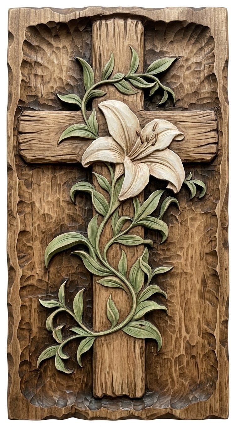 Lily Cross Religious Wall Art CNC Relief STL | Christian Wood Carving Design | Easter Sacred Decor Panel | Church Woodwork Project — carved bas relief STL file for CNC