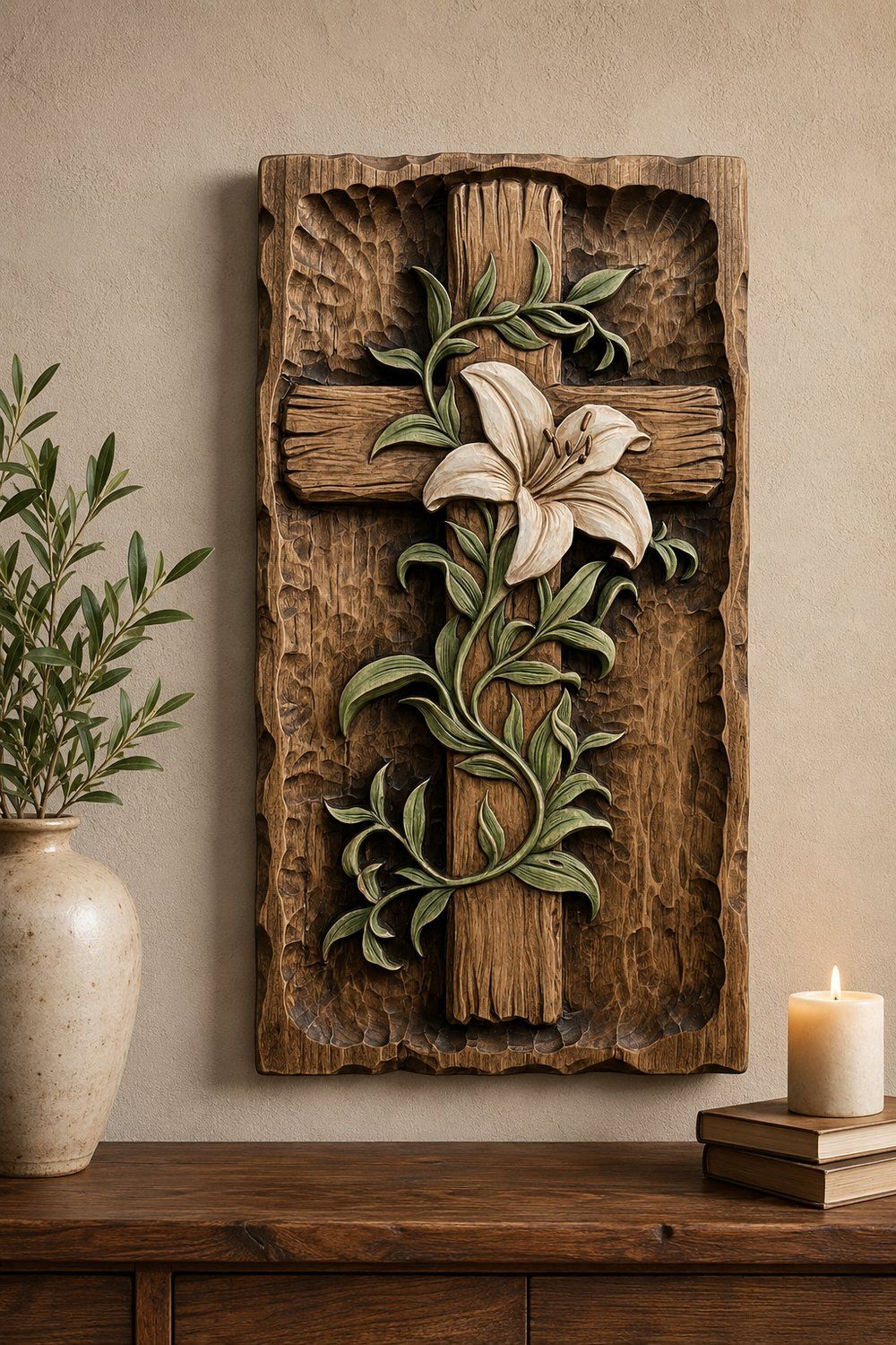 Lily Cross Religious Wall Art CNC Relief STL bas-relief STL — view 6