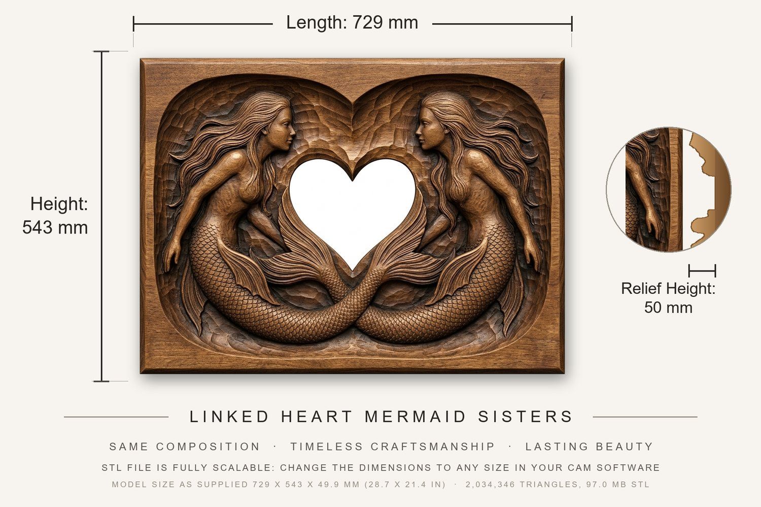 Linked Heart Mermaid Sisters CNC Relief STL bas-relief STL — view 3