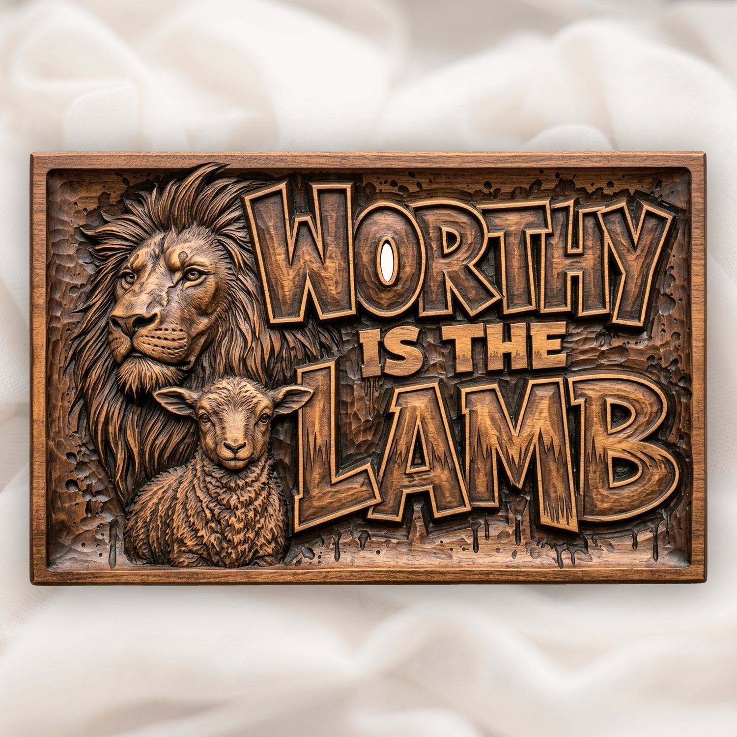 Lion and Lamb Christian Wood Carving CNC Relief STL | Religious Wall Art Panel | Worthy Is The Lamb Scripture Decor — carved bas relief STL file for CNC