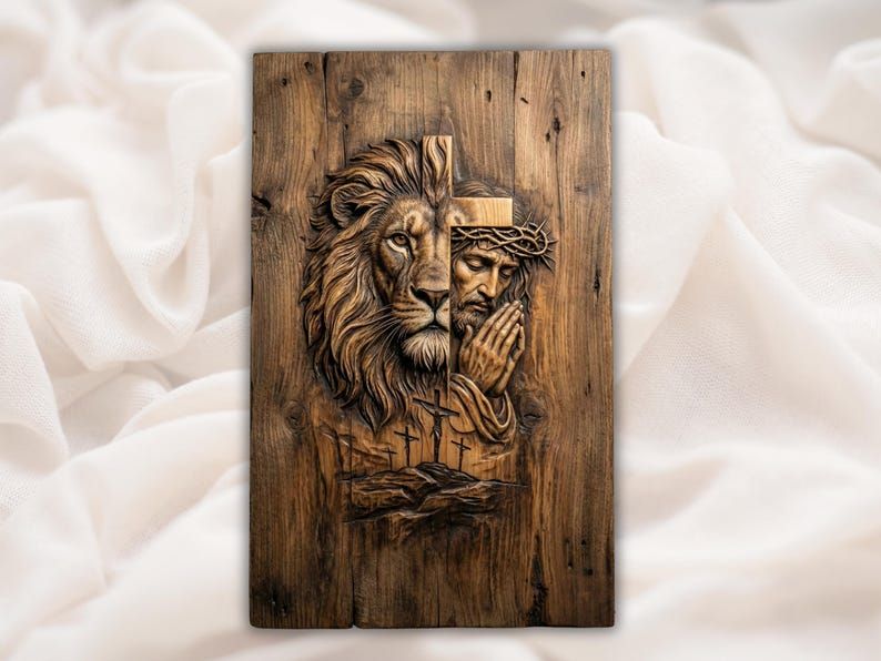 Bas-relief carving of a lion's face blended with a praying Jesus in a crown of thorns over a cross and three hills