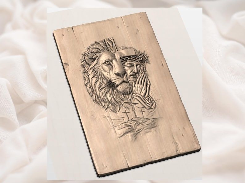 Lion of Judah and Praying Jesus Cross Bas-Relief STL bas-relief STL — view 2