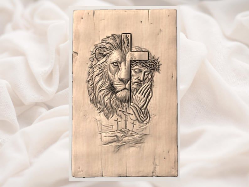Lion of Judah and Praying Jesus Cross Bas-Relief STL bas-relief STL — view 3