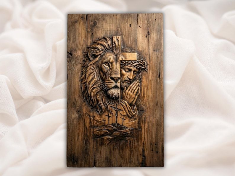 Lion of Judah and Praying Jesus Cross Bas-Relief STL bas-relief STL design