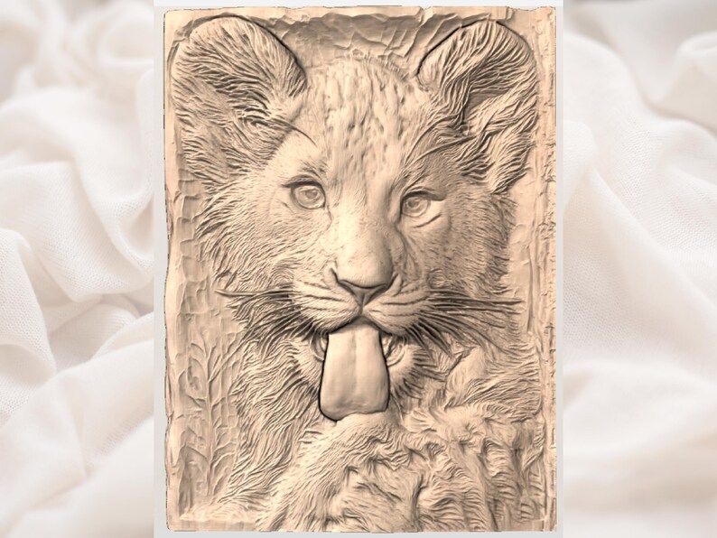 Lion Cub Portrait Bas-Relief STL with Tongue-Out Expression bas-relief STL — view 3