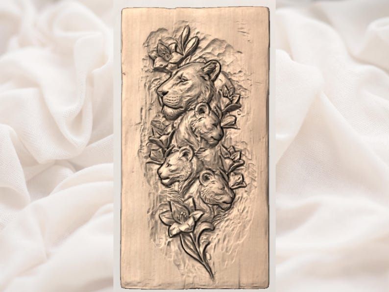 Lioness and Three Cubs Floral Bas-Relief STL Carving bas-relief STL — view 2