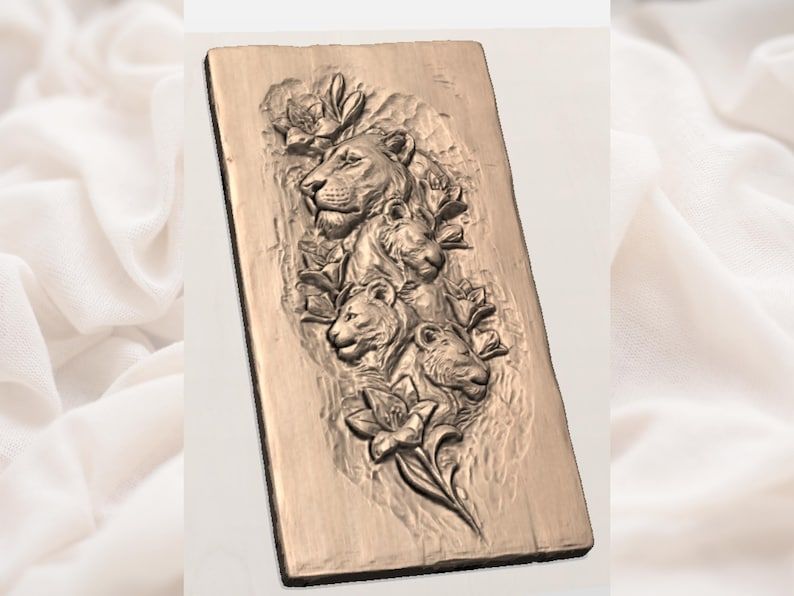 Lioness and Three Cubs Floral Bas-Relief STL Carving bas-relief STL — view 3