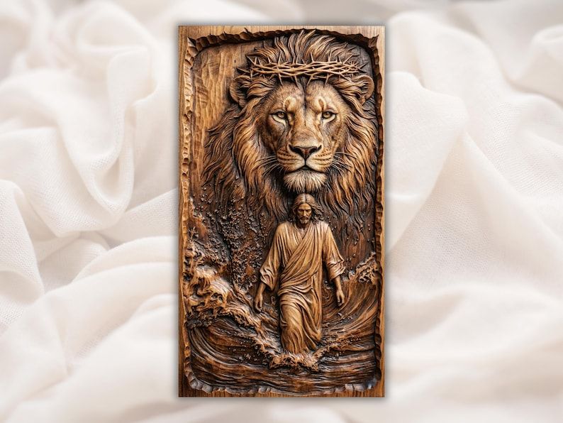 Carved wood bas-relief of the Lion of Judah above Jesus walking on water through waves