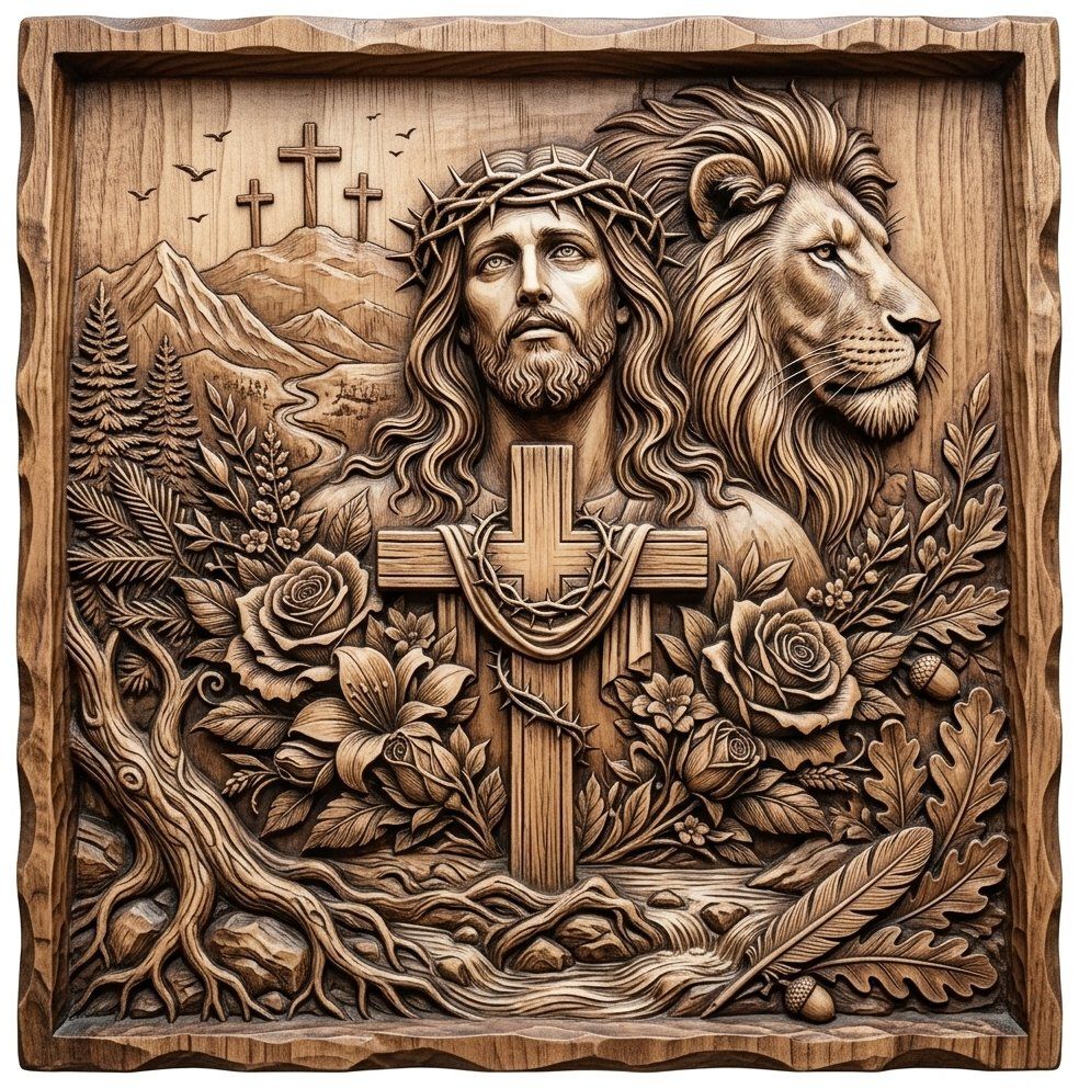 Lion of Judah and Jesus Christ CNC Relief STL | Religious Wood Carving Design | Christian Wall Art Panel | Faith Sacrifice Decor — carved bas relief STL file for CNC
