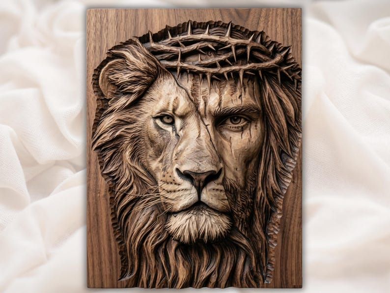 Bas-relief wood carving of a split face, half lion and half Jesus wearing a crown of thorns