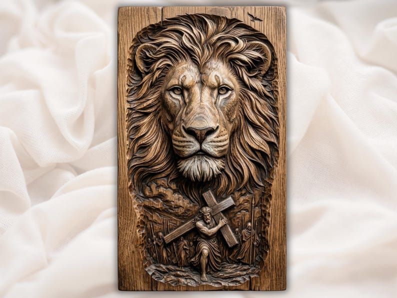Carved wood relief of a lion's head above a scene of Jesus carrying the cross with figures