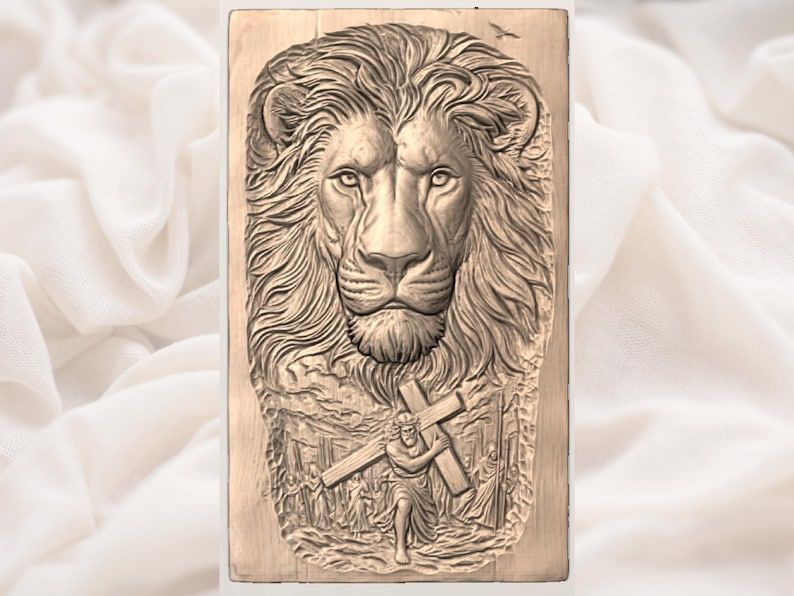 Lion of Judah and Christ Bearing the Cross Relief bas-relief STL — view 2
