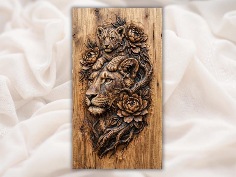 Bas-relief carving of a lioness and cub surrounded by peony flowers and vines on a wood panel