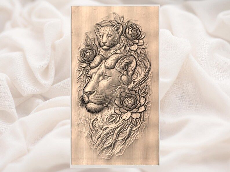 Lioness and Cub With Peonies Bas-Relief STL Carving File bas-relief STL — view 2