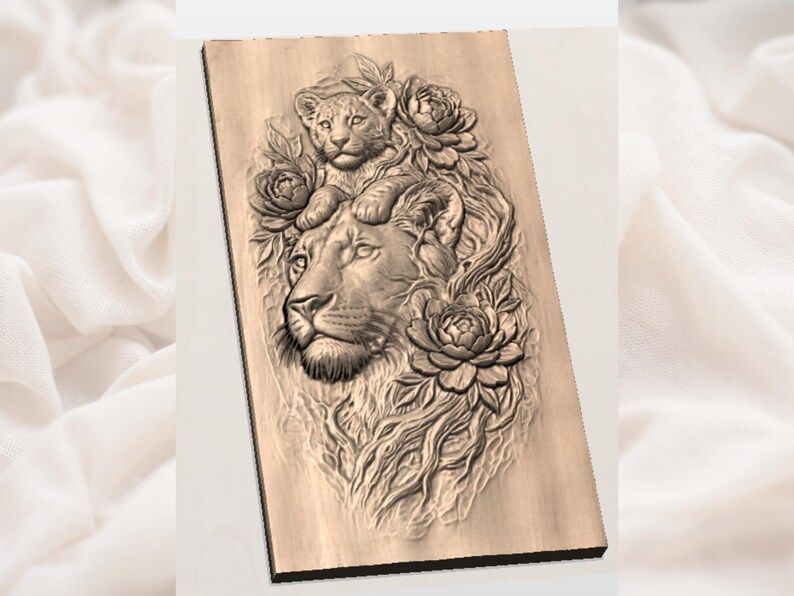 Lioness and Cub With Peonies Bas-Relief STL Carving File bas-relief STL — view 3