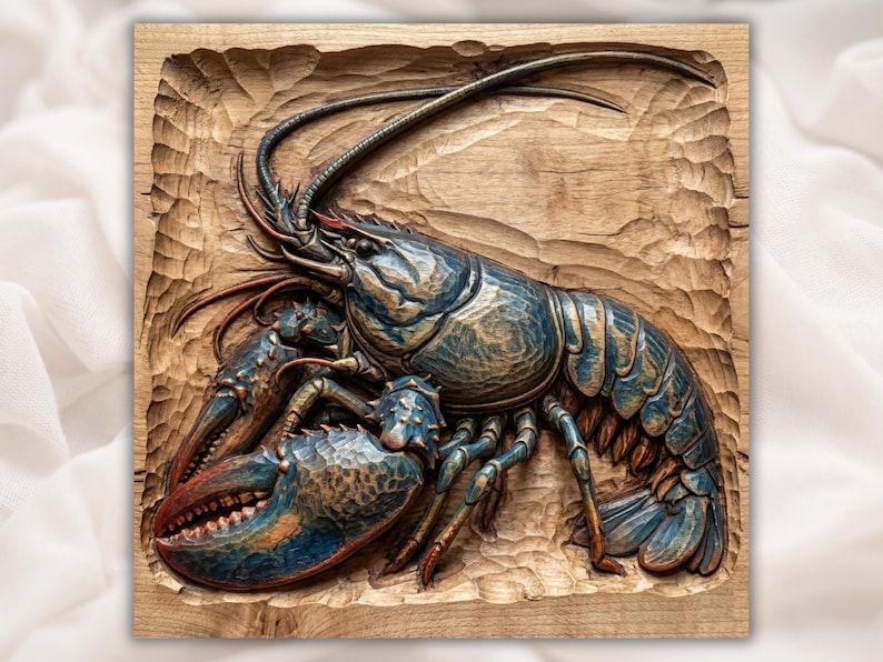 Carved wood bas-relief of a lobster with long curving antennae, large claws, and a detailed segmented tail.