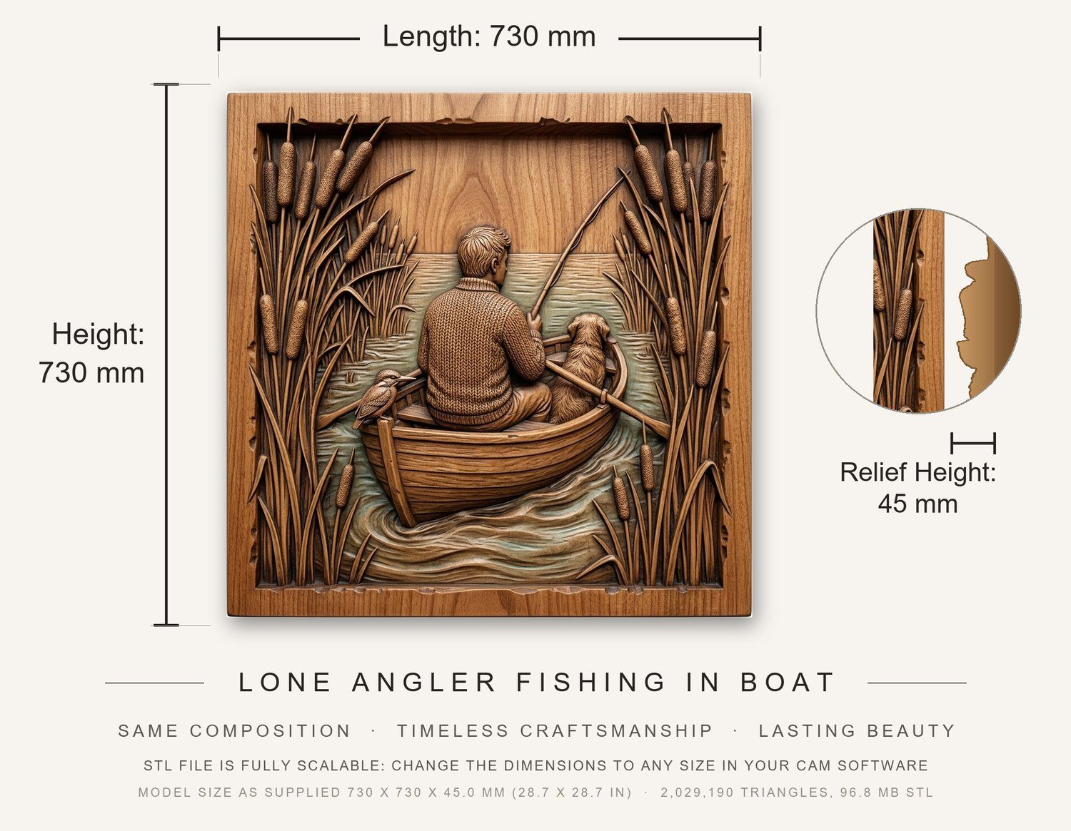 Lone Angler Fishing in Boat CNC Relief STL bas-relief STL — view 3