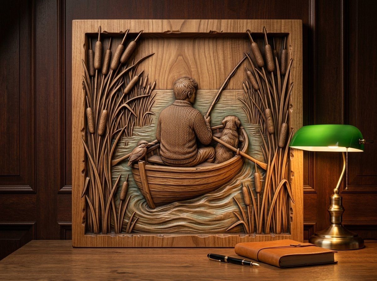 Lone Angler Fishing in Boat CNC Relief STL bas-relief STL — view 12