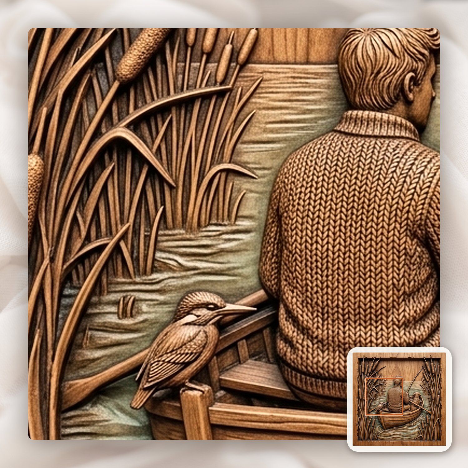 Lone Angler Fishing in Boat CNC Relief STL bas-relief STL — view 10