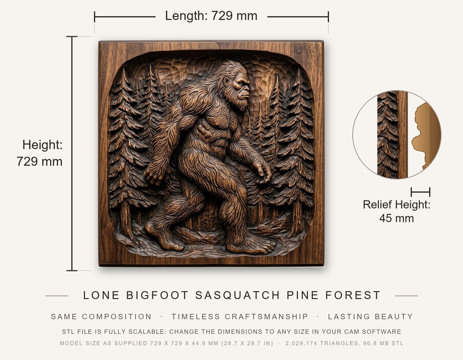 Lone Bigfoot Sasquatch Pine Forest Decorative Panel CNC Relief STL bas-relief STL — view 12