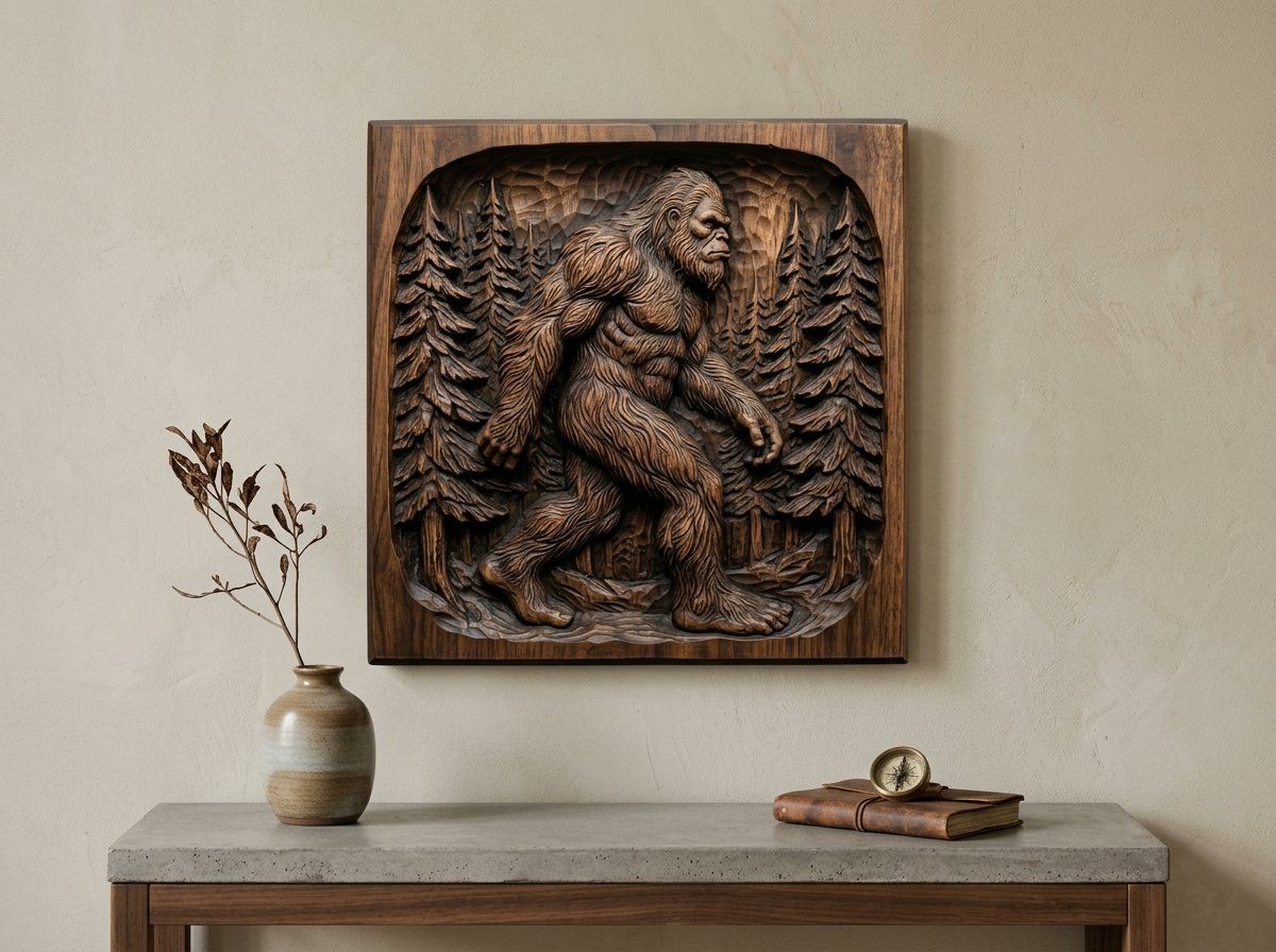 Lone Bigfoot Sasquatch Pine Forest Decorative Panel CNC Relief STL bas-relief STL — view 13