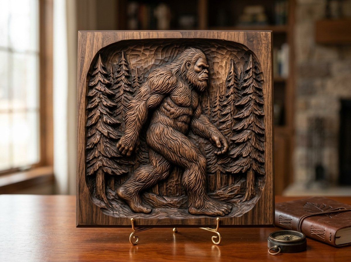 Lone Bigfoot Sasquatch Pine Forest Decorative Panel CNC Relief STL bas-relief STL — view 14