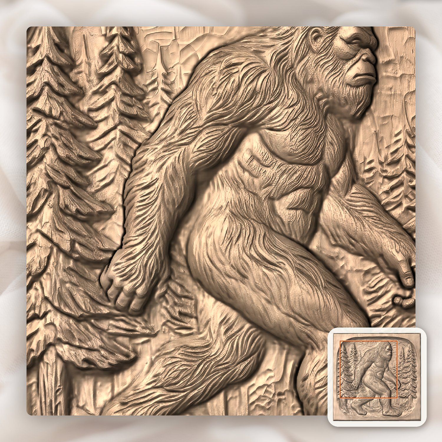 Lone Bigfoot Sasquatch Pine Forest Decorative Panel CNC Relief STL bas-relief STL — view 6