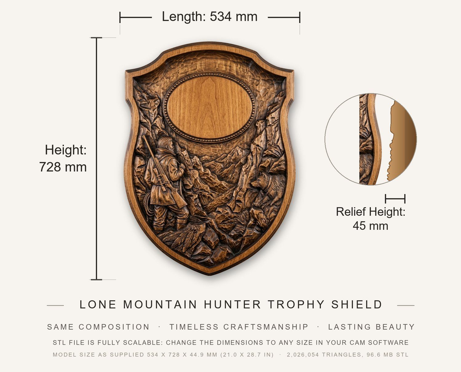 Lone Mountain Hunter Trophy Shield CNC Relief STL bas-relief STL — view 3