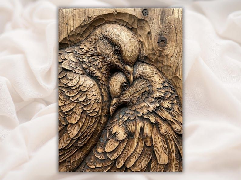 Bas-relief wood carving of two doves nestled together beak to beak with detailed layered feathers
