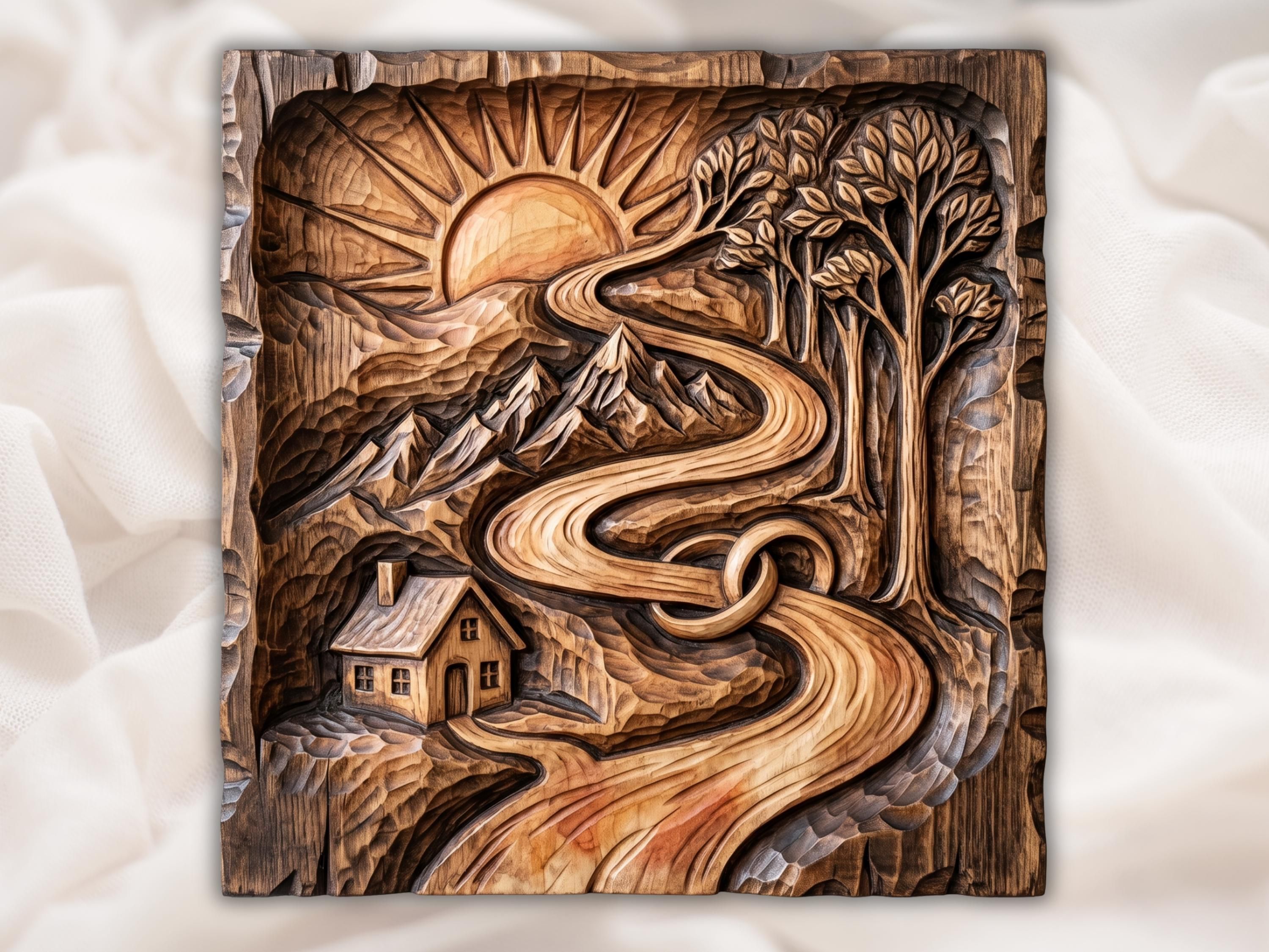 Carved wood relief of a sunrise, winding river forming two interlocking rings, mountains, cabin and tree