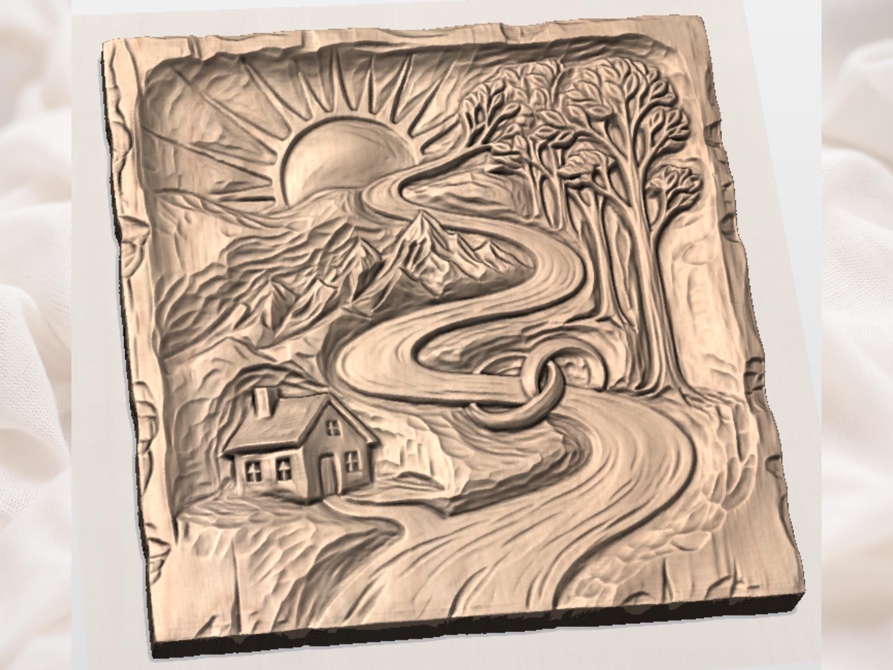 Winding River Sunrise Landscape with Interlocking Rings Relief bas-relief STL — view 2