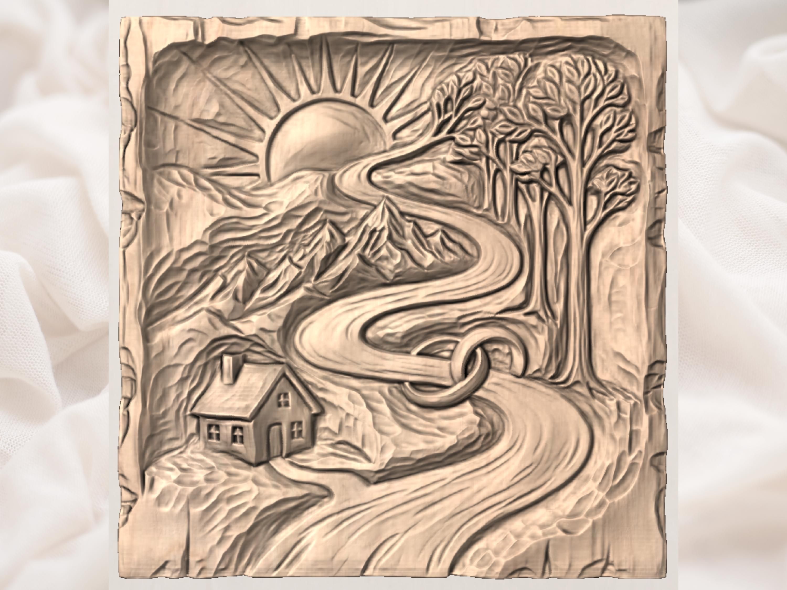 Winding River Sunrise Landscape with Interlocking Rings Relief bas-relief STL — view 3
