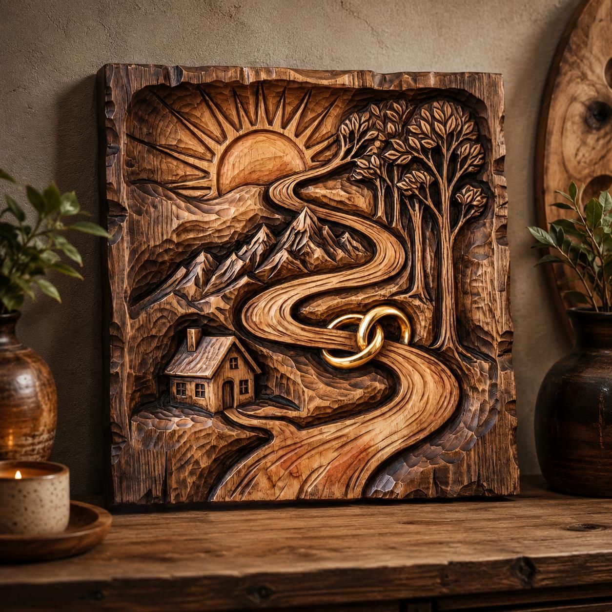 Winding River Sunrise Landscape with Interlocking Rings Relief bas-relief STL — view 4