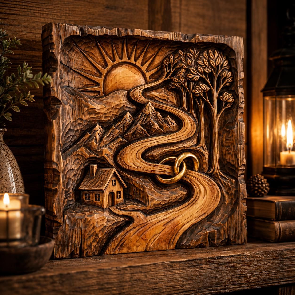 Winding River Sunrise Landscape with Interlocking Rings Relief bas-relief STL — view 6