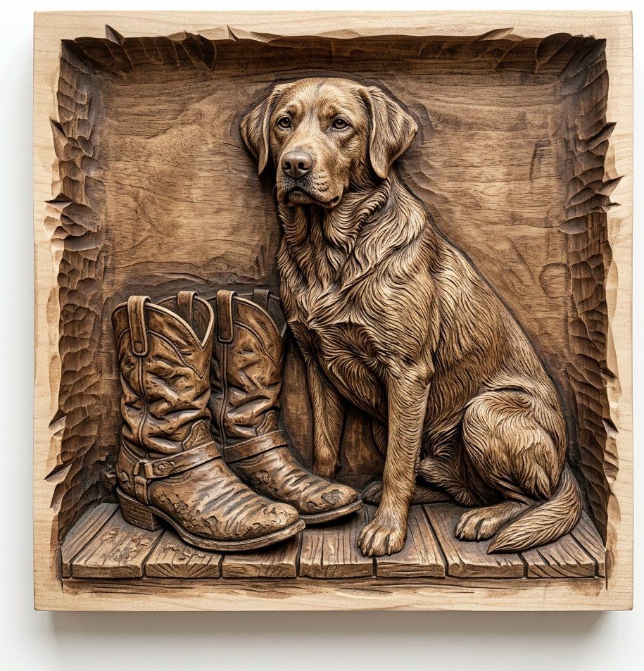 Loyal Labrador and Cowboy Boots Wood Wall Art | Rustic Country Cabin Decor | Western Pet Memorial Decorative Panel — carved bas relief STL file for CNC