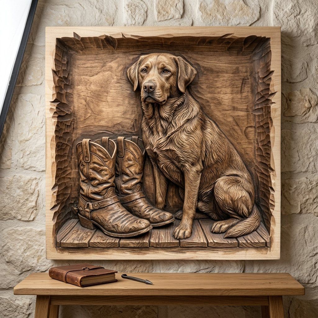 Loyal Labrador and Cowboy Boots Wood Wall Art bas-relief STL — view 6