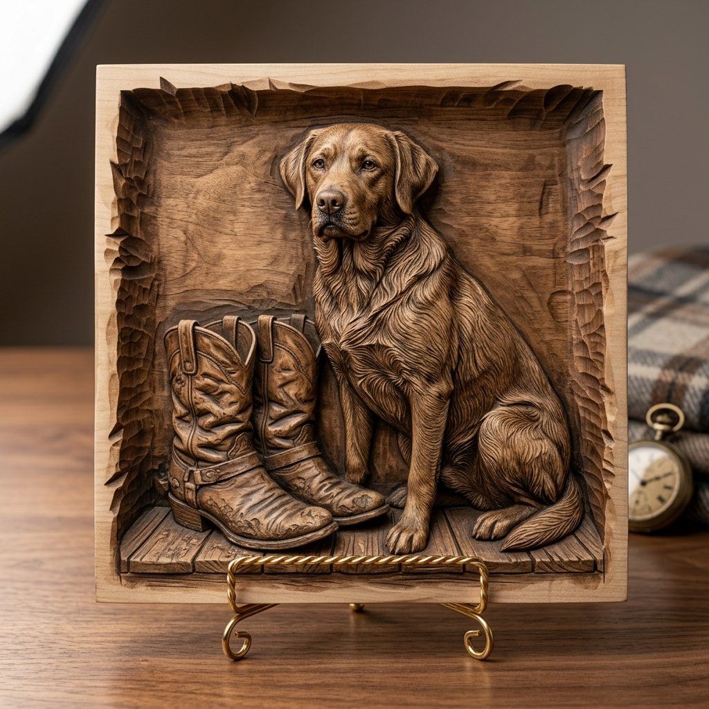 Loyal Labrador and Cowboy Boots Wood Wall Art bas-relief STL — view 7