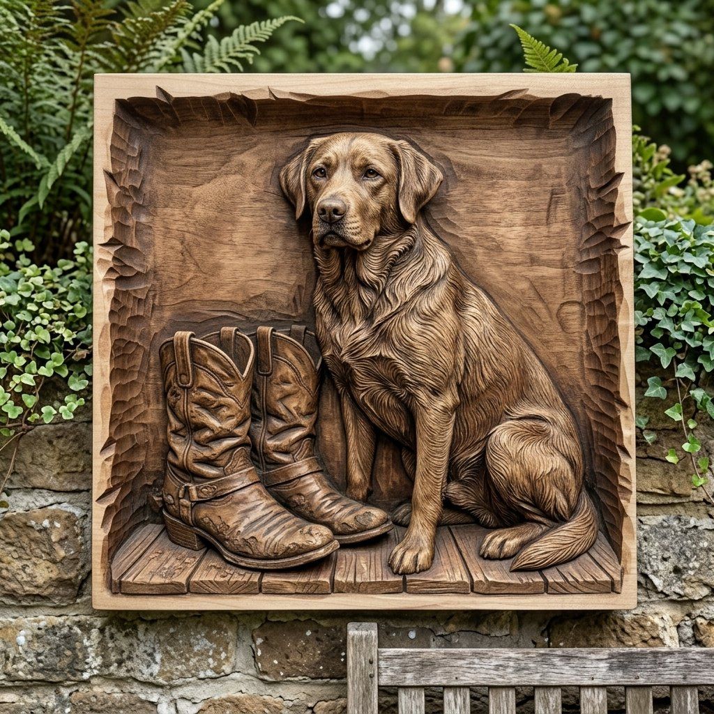 Loyal Labrador and Cowboy Boots Wood Wall Art bas-relief STL — view 8