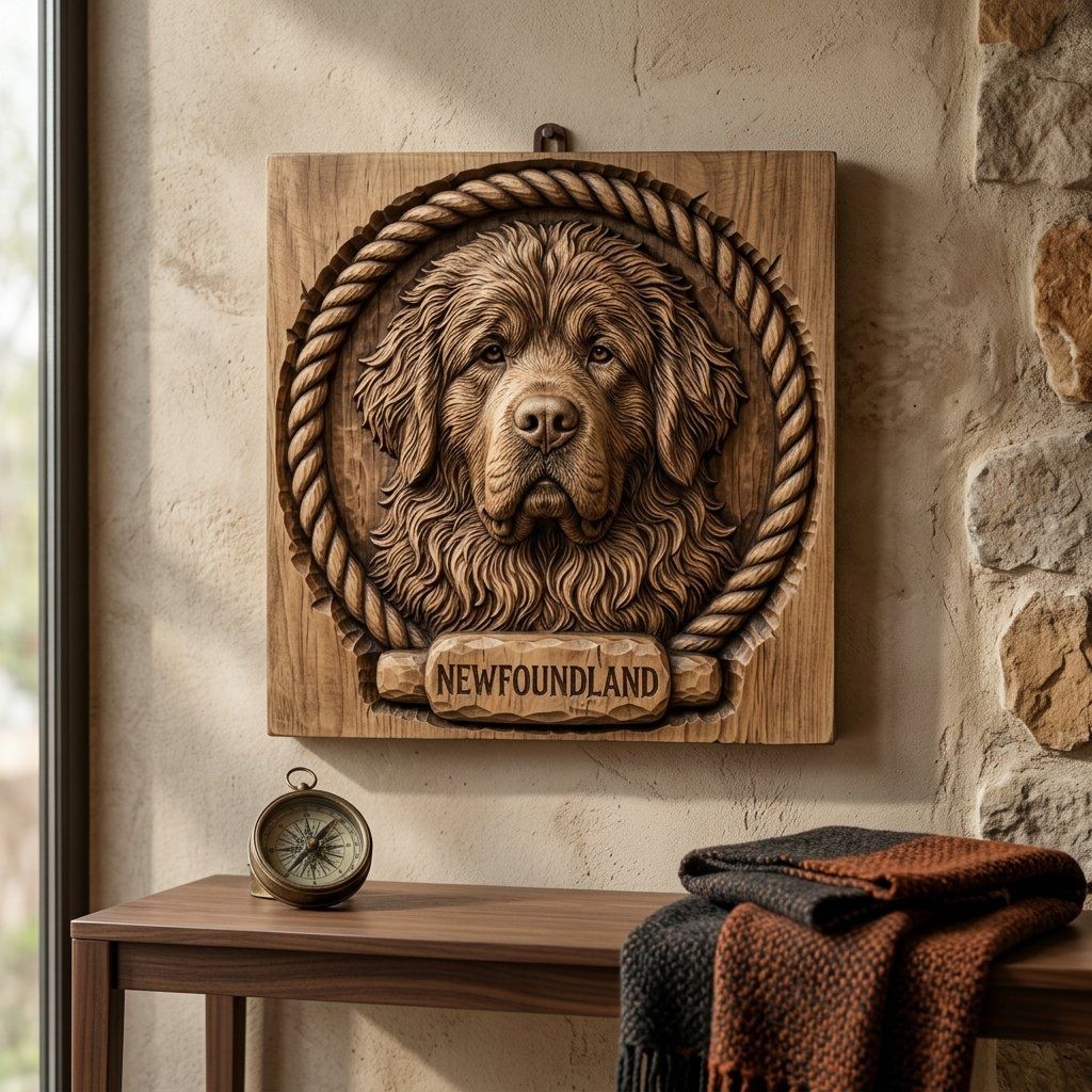 Loyal Newfoundland Dog Head Nautical Rope Border CNC Relief STL bas-relief STL — view 13