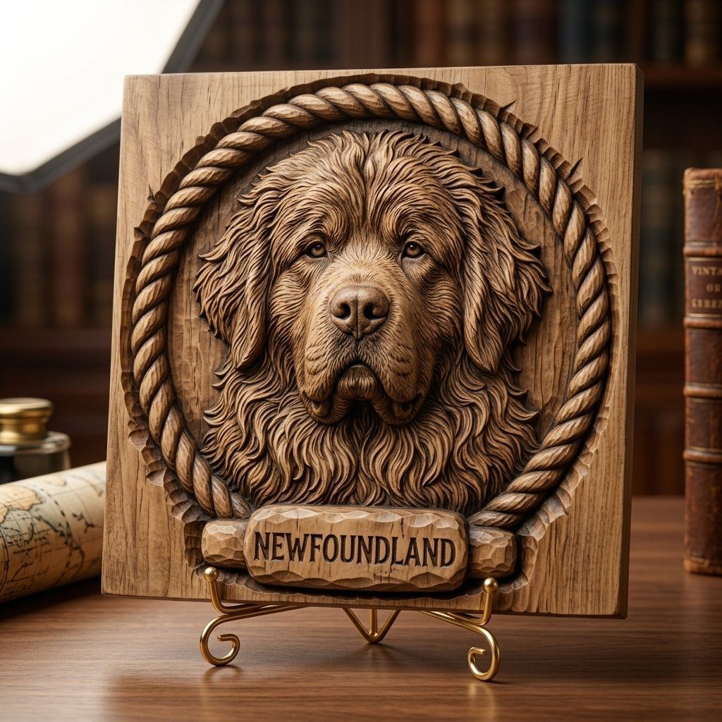 Loyal Newfoundland Dog Head Nautical Rope Border CNC Relief STL bas-relief STL — view 3