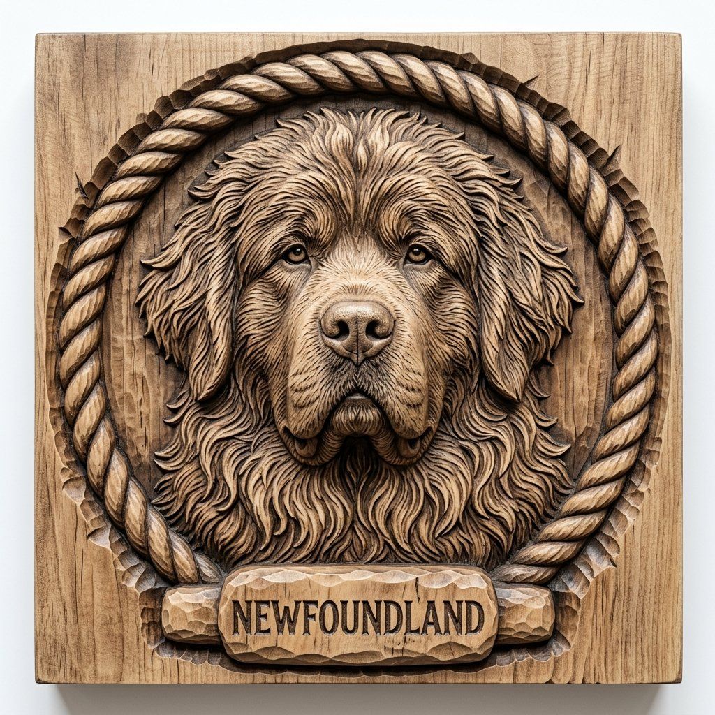 Loyal Newfoundland Dog Head Nautical Rope Border CNC Relief STL bas-relief STL — view 14