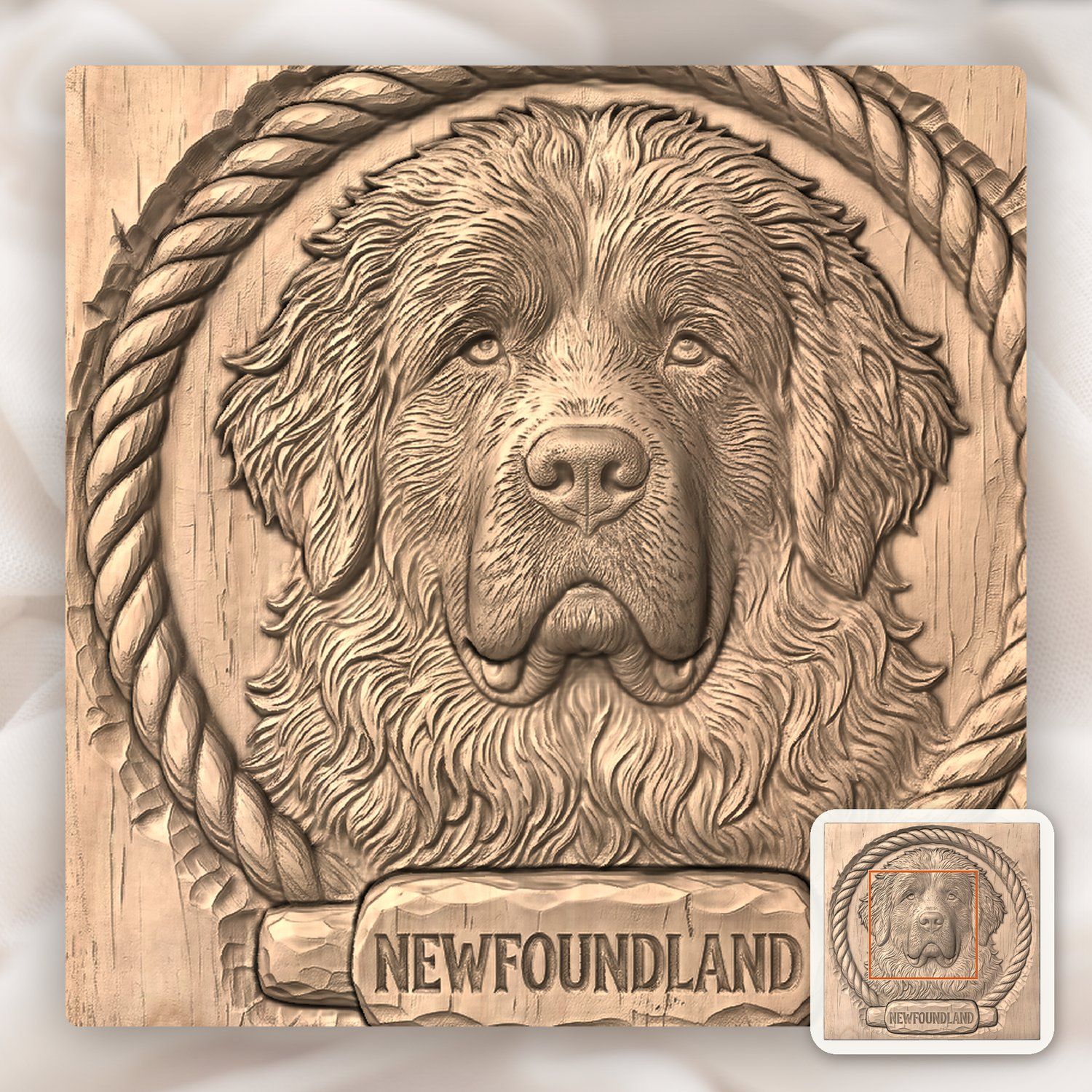 Loyal Newfoundland Dog Head Nautical Rope Border CNC Relief STL bas-relief STL — view 6